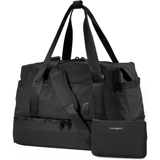 DAK18WBTB0000BK Large Women Travel Duffle Bag - Carry on Overnight Bag Weekend Travel Duffel Tote Bag Yoga Gym Bag with Wet Pocket Toiletry Weekender Overnight Bag for Travel Business Trips Sport Hospital Black