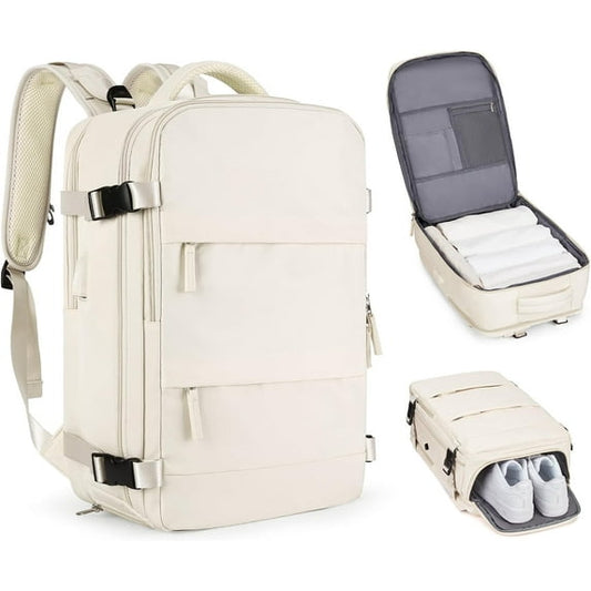 DAK09TRBP0000BE Travel Backpack for Women Men, Carry On Backpack with USB Charging Port & Shoe Pouch, TSA 17.7 inch Laptop Backpack Flight Approved, Nurse Bag Casual Daypack for Weekender Business Hiking, Beige