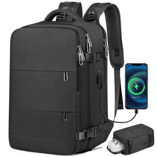 DAK10TRBP0000BK 17.7" Travel Backpack with USB Port & Shoe Compartment, TSA-Approved Laptop Carry On Backpack, Waterproof Large Casual Daypack Travel Bag for Women Men Weekender Trips, Business & Hiking, Black