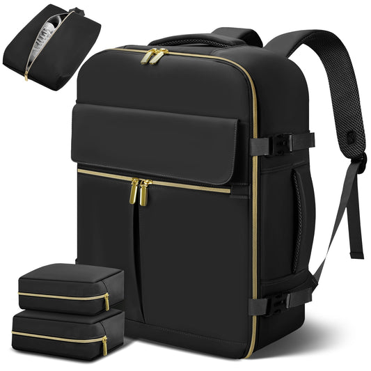 DAK10TLBP0000BK3pcs 18.9" Large Travel Backpack for Women Men as Personal Item Flight Approved, 40L Luggage Carry On Backpack, Daypack Business Laptop Backpack Waterproof Outdoor Sports with 3 Packing Cubes, Black