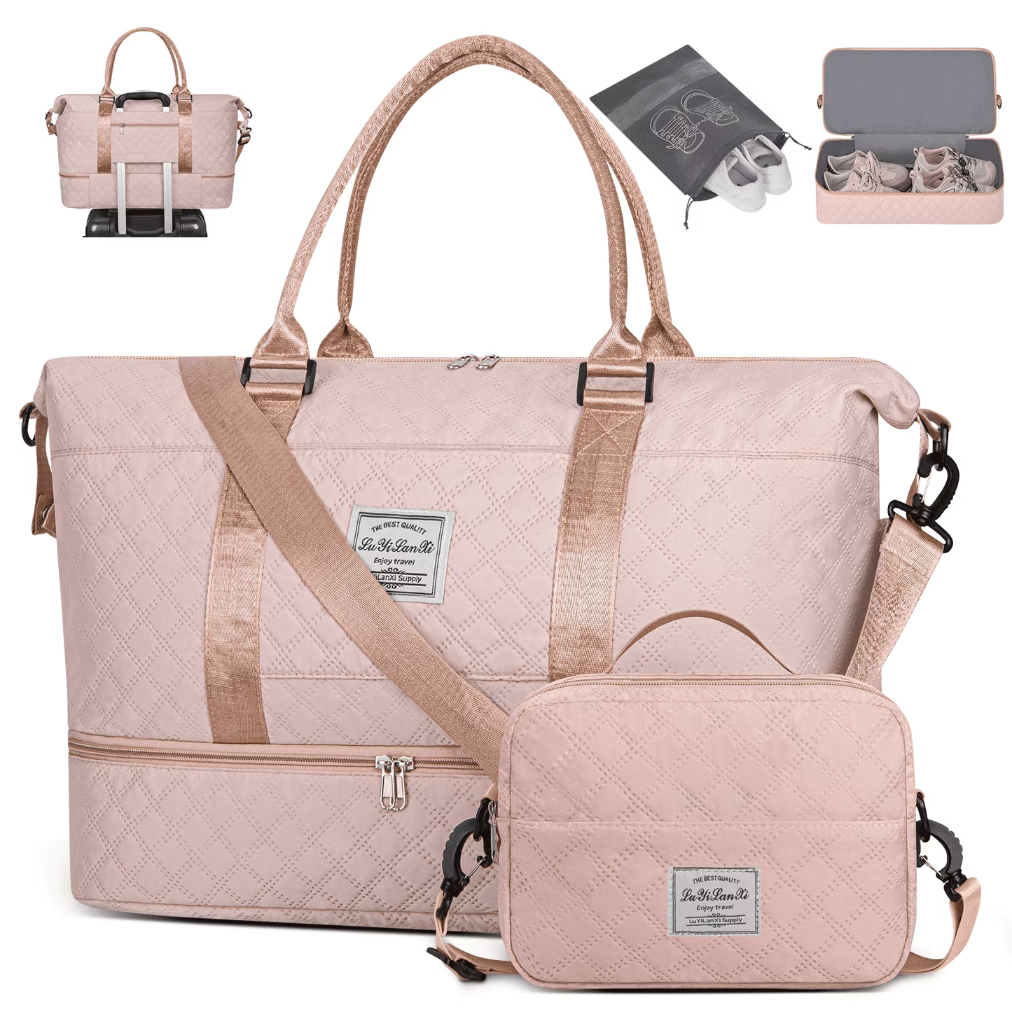Large Women Travel Duffle Bag with Shoe Compartment, Carry on Overnight Bag Weekender Bag Travel Bag Duffel Tote Bag Yoga Gym Bag with Wet Pocket and Toiletry Bag for Labor and Delivery, Pink