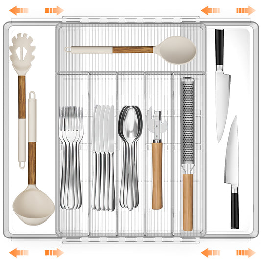 DAK01SWDO000MCR Expandable Silverware Drawer Organizer, Adjustable Acrylic Utensil Tray for Kitchen Storage, Cutlery Drawer Organizer with 8 Compartments, Medium, Clear